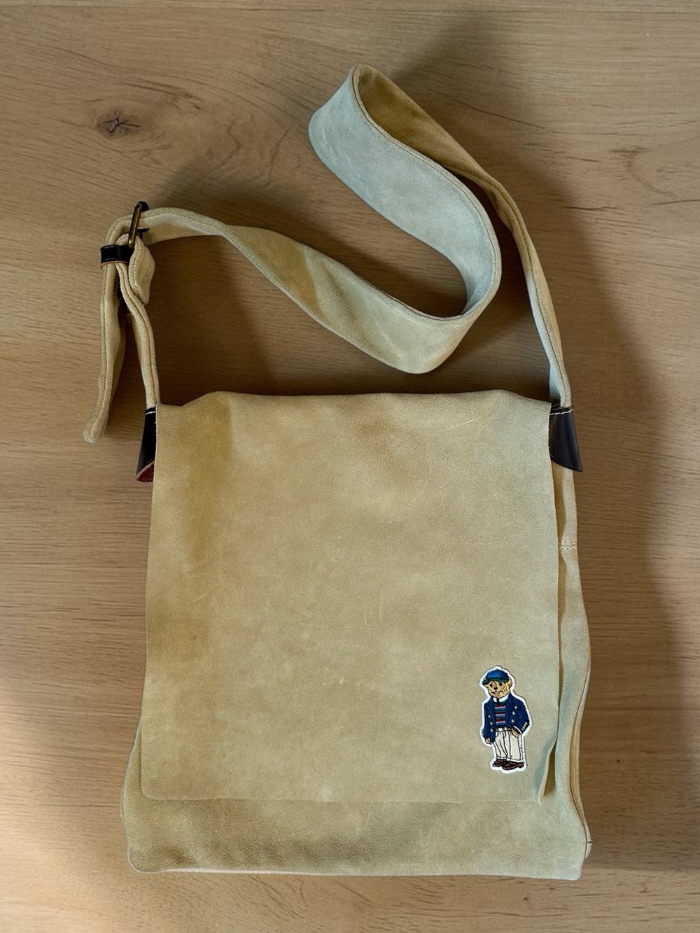 Polo by Ralph Lauren Beige Suede Crossbody Messenger Tote with Polo Bear Patch